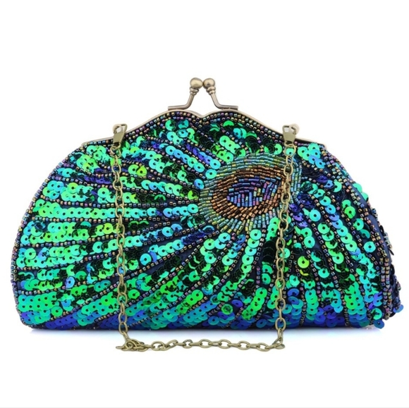 Peacock Feather 1920s 30s Vintage Style Sequin Clutch Purse Blue Green Crossbody